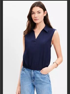 LOFT Sleeveless Navy V-Neck Collared Blouse